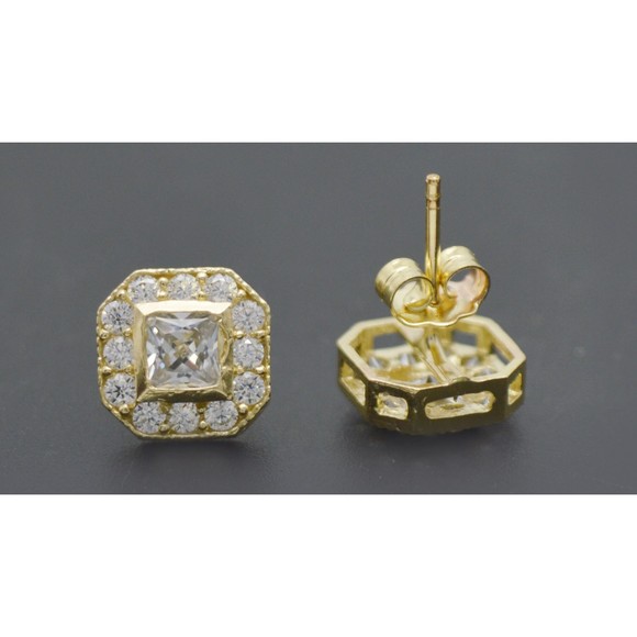 Real 10K Solid Yellow Gold 8.8mm Mens Micro CZ Asscher Cut Stud Earrings 2.0gr - Picture 2 of 6